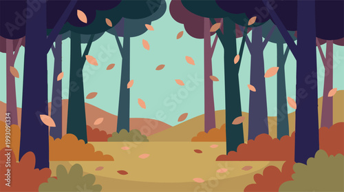 Tableau sur toile Stylized autumn forest landscape with falling leaves and a winding path