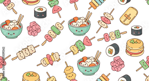 Seamless Pattern of Cute Kawaii Asian Street Food and Snacks.