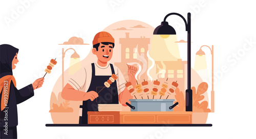 A male street food vendor cooking skewers for a female customer.