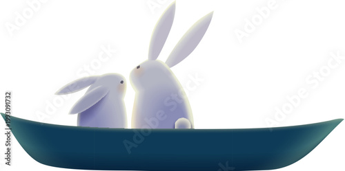 Rabbits sit on canoe