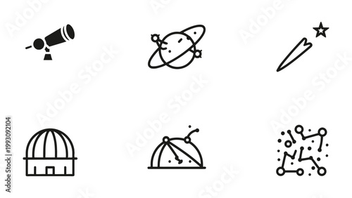 Celestial Exploration: A collection of symbolic elements, each depicting the wonders of the universe, including a telescope, a planet, a shooting star, an observatory, a space station.