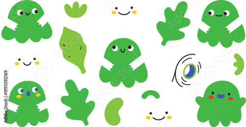 Cute kawaii vector illustration of green monster blobs and organic leaf shapes with happy faces