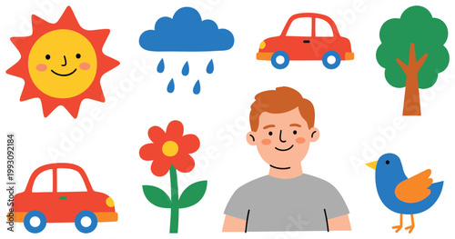 Delightful vector illustration of kids' learning elements, including a smiling sun, rain cloud, car, tree, flower.