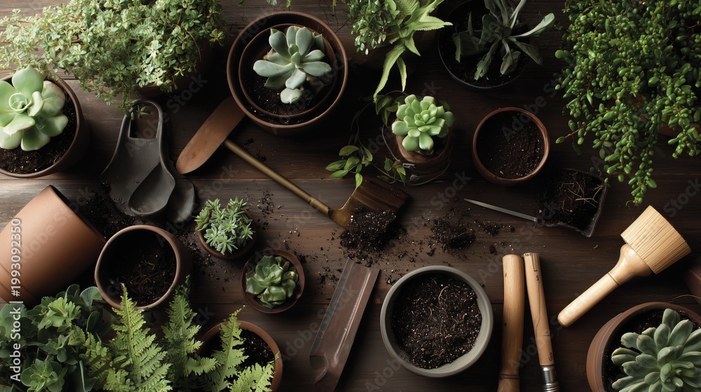 Fototapeta premium Gardening tools and plants arranged on a wooden surface for potting activity