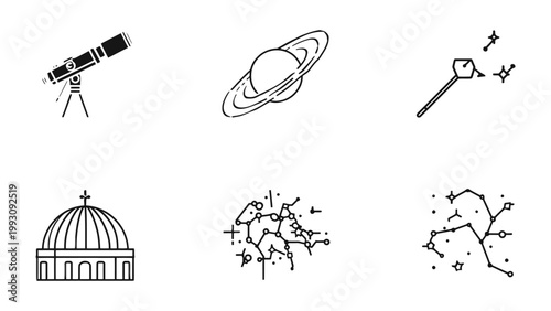 Astronomy Icons: A collection of simple, elegant line icons featuring celestial objects and tools, perfect for educational materials and design projects.