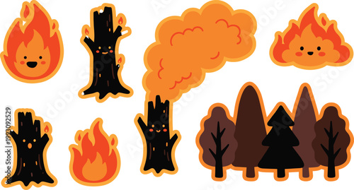 Cute vector illustration set of forest fire aftermath elements with smiling flames, burnt tree stumps, and smoke.
