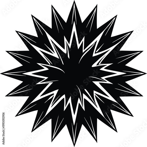 Dynamic black starburst symbol with jagged edges radiating outward from a powerful center