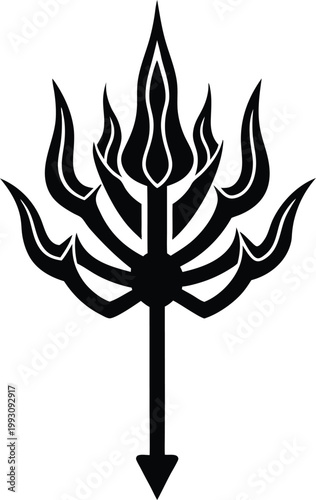 Dynamic black trident symbol with numerous flame shaped prongs radiating from a solid central base