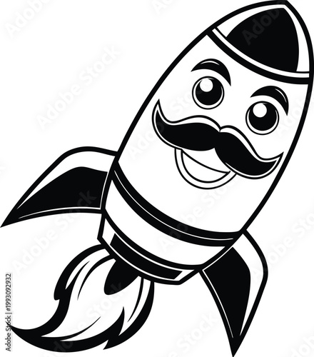 Dynamic Cartoon Rocket Character with a Moustache Blasting Off into the Sky