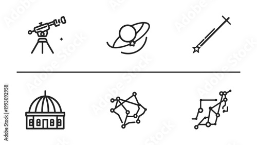 Celestial Explorations: Icons representing the wonders of space – a telescope peering into the cosmos, a planet circled by rings, a shooting star streaking across the night, an observatory dome.