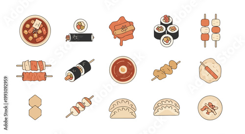 Collection of Japanese Asian food icons including sushi ramen dumplings and skewers.