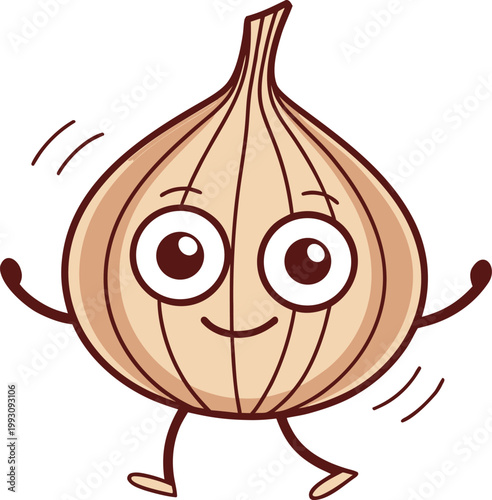 Energetic garlic bulb character with a happy smiling face and outstretched arms moving