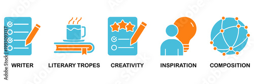 Creative writing icon set Aqua Orange Flat concept for writer, literary tropes, creativity, idea, inspiration, and composition