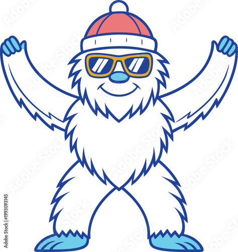 Enthusiastic yeti creature wearing cool sunglasses and a cozy winter hat waving happily