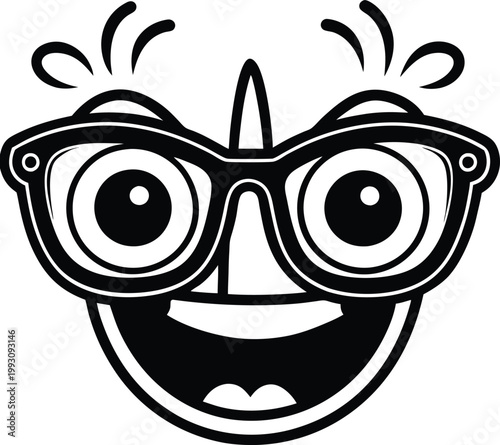 Exaggerated funny cartoon face with wide eyes thick glasses and a happy smile