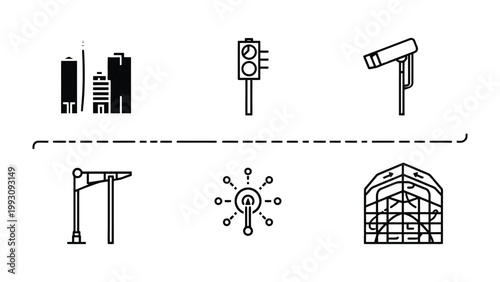 Urban Icons and Structures: A set of six meticulously crafted line drawings encapsulates key urban elements and architectural structures. Including buildings, traffic lights, and surveillance.