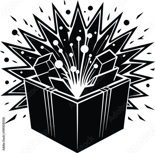 Exciting surprise gift box opening with various presents bursting forth in a dramatic explosion