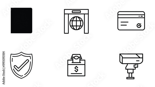 Security and Protection Icons: A collection of concise line-art icons symbolizing safety, encompassing financial, digital, and physical security measures, showcasing themes of protection and trust.