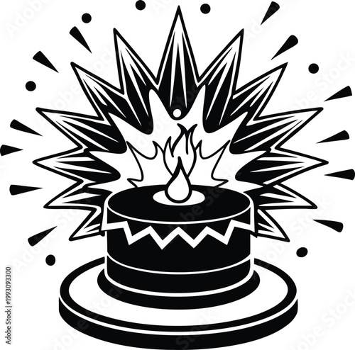 Festive celebration cake with a burning candle and dynamic explosion burst around it