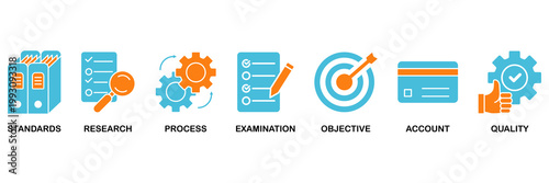Audit icon set Aqua Orange Flat concept for standards, research, process, examination, objective, account, and quality