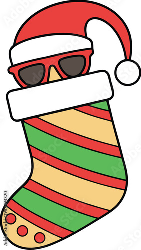 Festive Christmas stocking character wearing a Santa hat and cool sunglasses