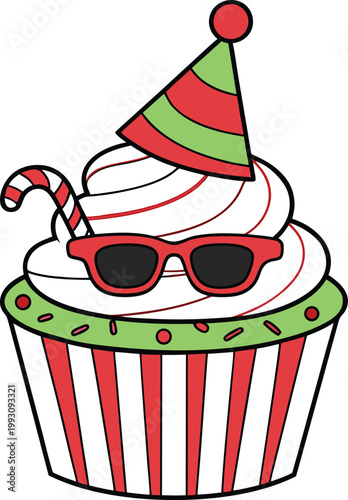 Festive cupcake adorned with a party hat, cool sunglasses, and a holiday candy cane