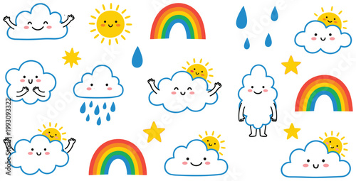 Cute weather elements vector set featuring smiling clouds, happy suns, vibrant rainbows, and playful stars.