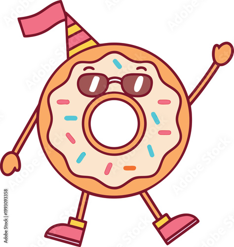Festive donut character with light frosting wearing cool sunglasses and a party hat waving a flag