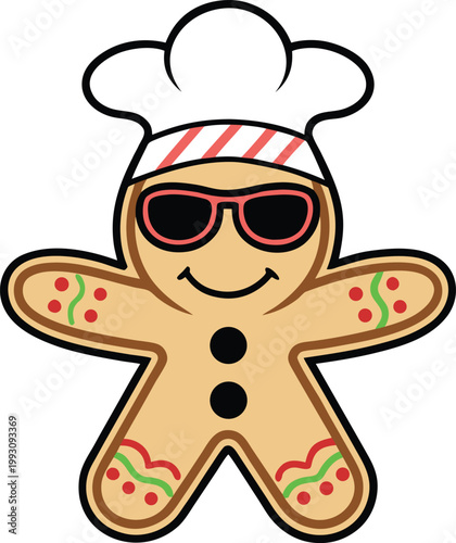 Festive Gingerbread Man Chef Character Wearing Hat and Cool Sunglasses