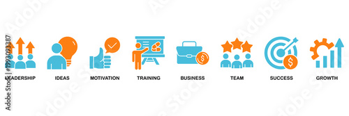 Learn and lead icon set Aqua Orange Flat concept for leadership, ideas, motivation, training, business, team, success, and growth