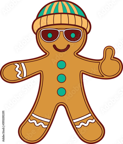 Festive gingerbread man cookie character with a green striped knit hat and cool sunglasses