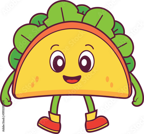 Cute cartoon taco character with a happy face and green lettuce filling