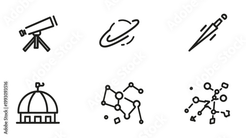 Celestial Icons: A collection of simple, elegant line drawings of astronomical instruments and celestial objects, representing the wonder and mystery of space.