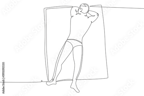Man sunbathing on the beach. Sunbathing concept one-line drawing