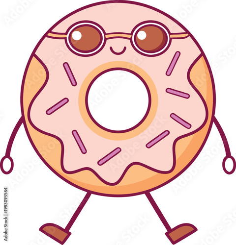 Cute Donut Cartoon Character Wearing Sunglasses Happily Walking Forward with Pink Sprinkles