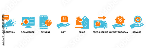 Shopping icon set Aqua Orange Flat concept for promotion, ecommerce, payment, gift, price, free shipping, loyalty, reward