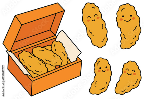 Fotografía Adorable cartoon chicken nuggets with happy faces, isolated in a box and loose