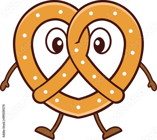 Delicious golden pretzel snack character cartoon happily walking with a friendly smiling face