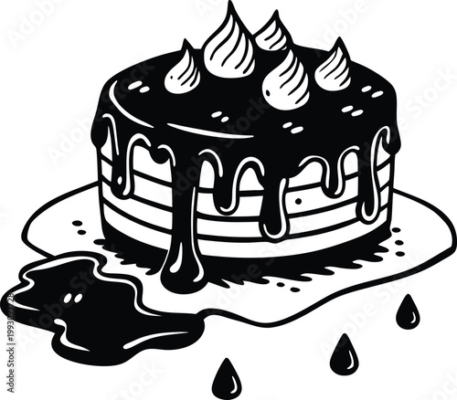 Delicious layered cake with rich dripping frosting and elegant creamy swirls on top