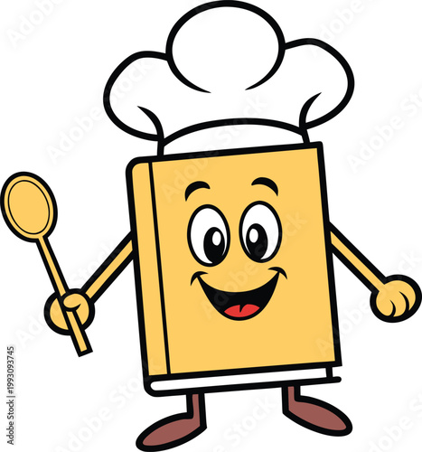 Delighted cookbook character wearing a chef hat holds a wooden spoon inviting cooking inspiration