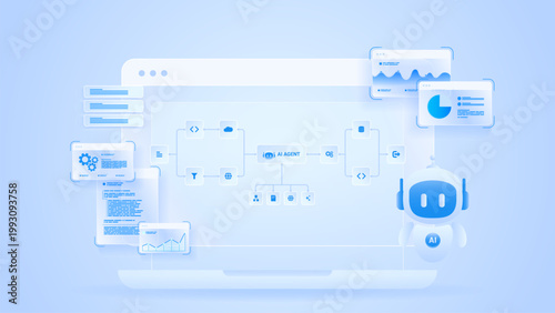 AI workflow automation artificial intelligence. ai agent network diagram dashboard machine learning connecting node input, coding, digital processing flow, data analytics and digital automation flow s