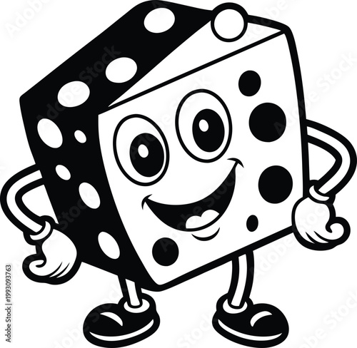 Delightful black and white dice character smiling happily, ready for games and good fortune