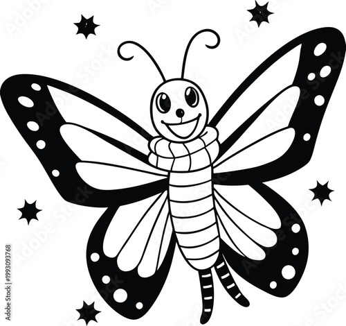 Delightful cartoon butterfly character wearing a warm scarf and surrounded by cheerful sparkles