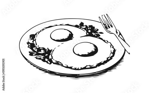 Simple fried egg plate hand drawn icon, breakfast engraved illustration.