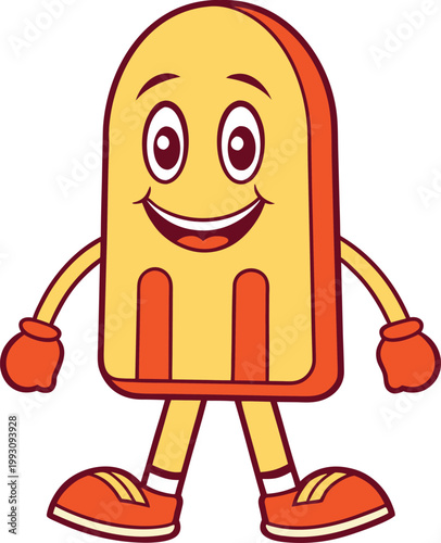 Delightful yellow popsicle character with a happy smile walking cheerfully on its own