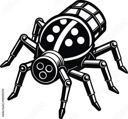 Detailed intricate steampunk style mechanical spider robot with metallic body and numerous legs