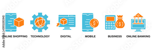 E-Payment icon set Aqua Orange Flat concept for internet banking with icon of online shopping, technology, digital, mobile, business and online banking�