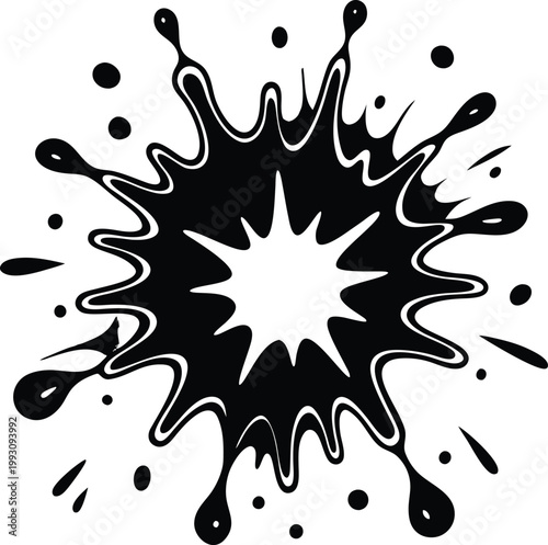 Dynamic black ink splatter burst with radiating droplets creating an explosion effect