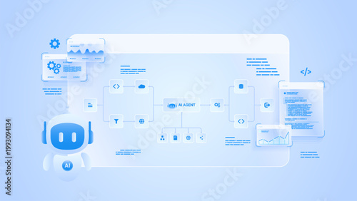 AI workflow automation artificial intelligence. ai agent workflow diagram dashboard machine learning showing node input, processing flow panel, coding panel and process flow.
