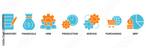 Konstfotografi ERP icon set Aqua Orange Flat concept for enterprise resource planning with icon